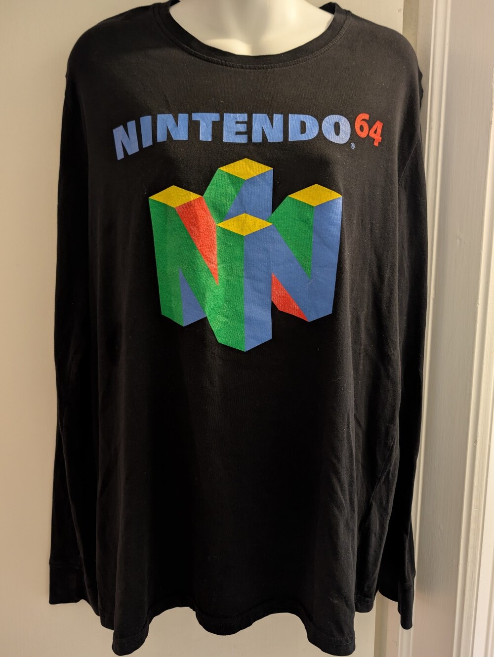 Nintendo Black Long Sleeve N64 Logo Tee with Multicolor Print. Men's Large.